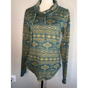 KAVU Women's Skylar semi-fitted cowl neck shirt, green and yellow aztec print XS